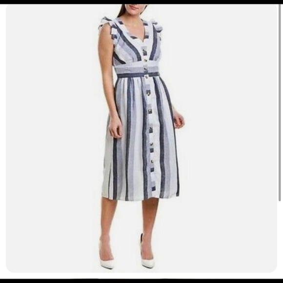 Point Sur J Crew Blue Striped Linen Front Button Blue Summer Midi Dress Size 14 - Picture 1 of 5